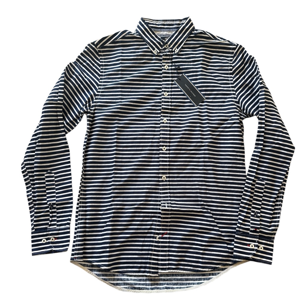 Classic Navy And White Striped Men's Shirt Button Down Navy Blazer Size Small